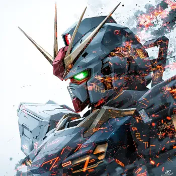 Stylized Gundam head close-up with a glowing green eye, orange circuit sparks and weathered armor — presented as a bold forum avatar / pfp / profile photo.