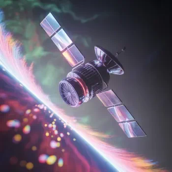 Stylized satellite orbiting a colorful planet, rendered as a glossy forum avatar/pfp/profile photo with reflective solar panels and a glowing atmospheric edge.