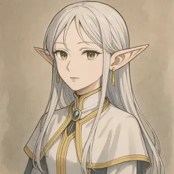 Profile avatar of Frieren from Frieren: Beyond Journey's End — silver-haired elven mage with gold eyes, white robe, jeweled collar and dangling earrings, three-quarter view.