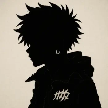 Forum avatar: black silhouette of a spiky-haired profile in a hoodie with a hoop earring and a white stylized chest logo on a beige background.