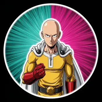 Forum avatar of Saitama (One-Punch Man): bald hero in yellow jumpsuit, red gloves and white cape, fist forward on teal and magenta radial background.
