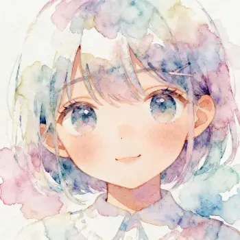 Watercolor anime-style forum avatar/pfp of a smiling pastel-haired character with large blue eyes, soft blush, and a white collared top.