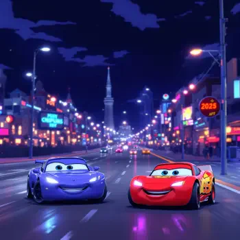 Forum avatar/pfp of Pixar's Cars-style smiling red and purple race cars side-by-side on a neon-lit city street at night.