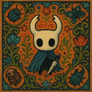 Hollow Knight forum avatar: stylized horned, white-masked knight in a blue cloak holding a nail, surrounded by ornate floral and beetle motifs.