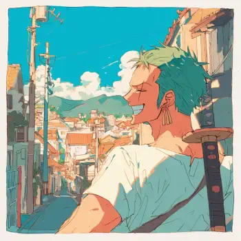 Forum avatar AI art of Roronoa Zoro (One Piece): green-haired swordsman smiling with two swords on his back against a sunlit coastal town.