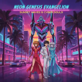 Neon Genesis Evangelion forum avatar/pfp: neon sunset cityscape with an Evangelion unit towering behind Asuka, Shinji and Rei, cyberwave colors and palm-lined boulevard.