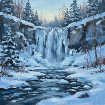 Forum avatar/pfp of a frozen waterfall in a snowy pine ravine, icy stream in the foreground, rendered in cool blue painterly tones.