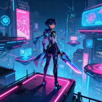 Genshin Impact forum avatar/pfp: neon-cyber character in glowing armor stands on a rooftop, wielding a luminous sword while overlooking a futuristic city of floating platforms.
