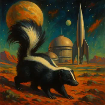 Forum avatar/pfp: stylized skunk on a red alien landscape with a rocket, domed base and twin planets glowing under a starry sky.