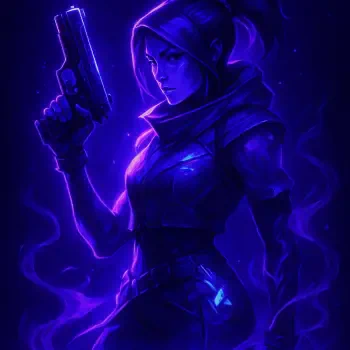 Valorant forum avatar/pfp: purple-lit female agent holding a pistol, enveloped in glowing smoke and neon energy.