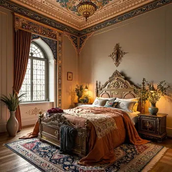 Aesthetic bedroom with ornate carved bed, patterned rug and gilded ceiling, warm lamps and lush textiles — shown as a forum avatar/pfp/profile photo.