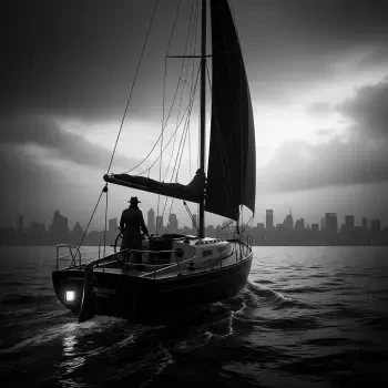 Black-and-white forum avatar: a lone sailor stands on a sailboat at dusk with a city skyline on the horizon.