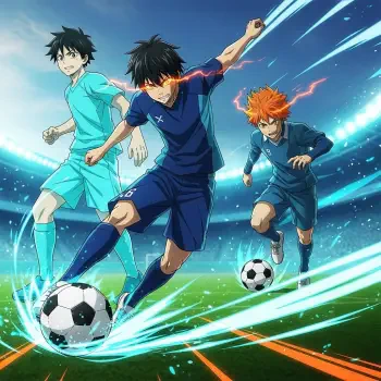Blue Lock anime-style forum avatar showing three soccer players racing on a lit stadium pitch, the central player unleashing a glowing, powerful kick.