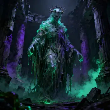 Forum avatar/pfp: towering, decayed Forgotten God — crown of thorns, dripping tattered robes, glowing green-purple mists amid a crumbling temple.