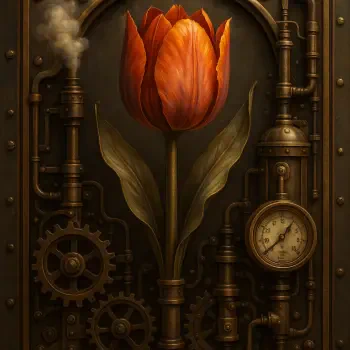 Steampunk red tulip framed by brass gears, pipes and a pressure gauge, rendered as a striking forum avatar/profile photo.