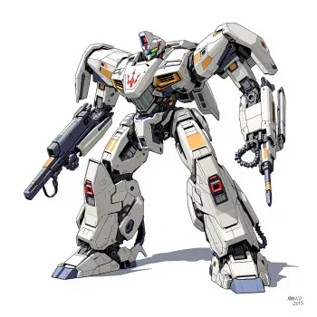 Forum avatar/pfp: white anime-style mech in wide stance, armed with a rifle and drill-like arm, red chest emblem, angular armor plating and shadow beneath.