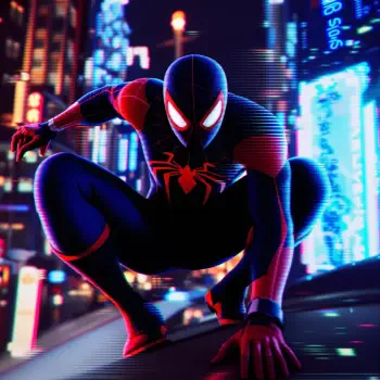 Forum avatar/pfp: Miles Morales as Spider-Man (Spider-Man: Into The Spider-Verse) crouched on a neon-lit rooftop, glowing mask eyes and blurred city lights behind him.