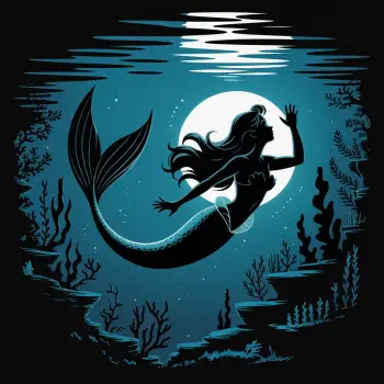 Forum avatar of The Little Mermaid: silhouetted mermaid swimming before a glowing full moon, teal underwater scene with seaweed and rippling surface.