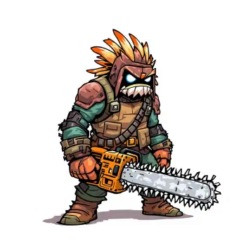 Forum avatar of a cartoon post-apocalyptic warrior: orange spiked mohawk, armored gear, glowing blue eyes and a heavy chainsaw, standing ready.