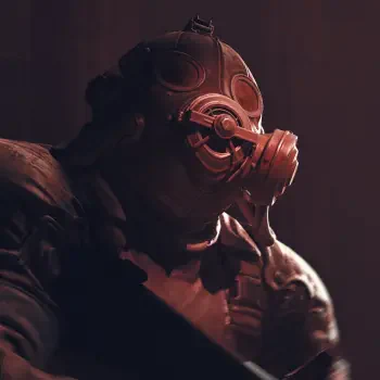 Forum avatar of a gas-masked armored figure from the video game The Forever Winter, bathed in low red light in a close-up profile.