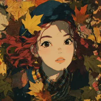 Forum profile avatar of a young woman with red hair and a beret, face upturned among autumn leaves, wearing a plaid scarf.