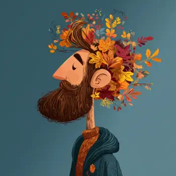 Stylized bearded man forum avatar in side profile, autumn leaves woven through his hair and clothing, rendered in warm fall colors.