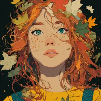 Forum avatar/pfp of a woman with red hair threaded with autumn leaves, green eyes and freckles.