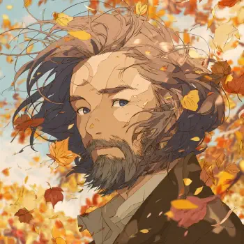 Forum avatar/pfp of a bearded man with windblown hair, blue eyes, and swirling autumn leaves in warm orange and brown tones.