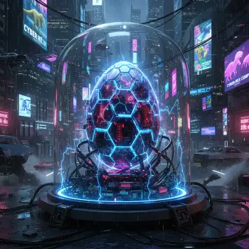 Neon cyberpunk dinosaur egg encased in a glass dome with glowing circuitry and cables, set against a rainy cityscape — futuristic forum avatar/pfp.