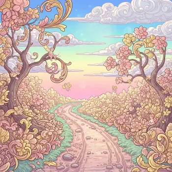 Whimsical pastel forum avatar showing a winding dirt road through ornate flowering trees beneath a dreamy sunset sky.