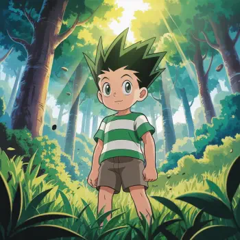 Forum avatar/pfp of Gon (Hunter x Hunter): young boy with spiky hair in a green-striped shirt and shorts, standing in a sunlit forest as rays filter through the trees.