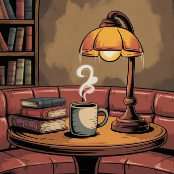 Forum avatar/pfp: illustrated cozy reading nook — steaming mug on a round table, stacked books, glowing lamp and a leather booth with a bookshelf behind.