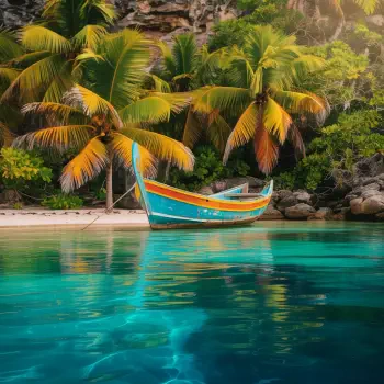 Caribbean forum avatar/pfp: bright painted boat floating on crystalline turquoise water beneath palm trees on a lush shoreline.