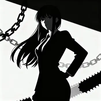 Forum avatar of Makima (Chainsaw Man): high-contrast silhouette of her in a suit, hand on hip, chains and saw blades framing the composition.