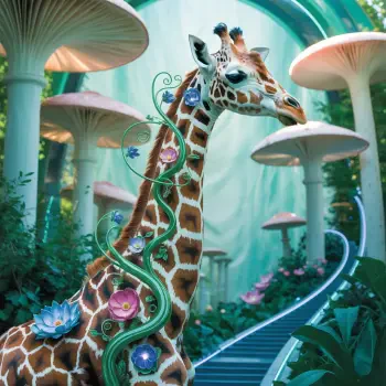 Whimsical giraffe forum avatar entwined with flowering vines, standing in a magical mushroom forest.
