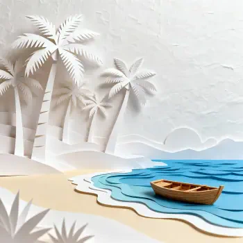 Paper-cut Caribbean forum avatar/pfp: stylized palm trees, sandy shore and a small wooden boat on blue waves.