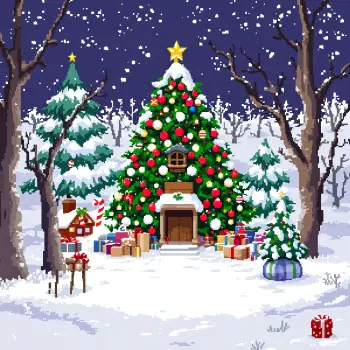 Pixel-art Christmas tree with star, ornaments and piled presents in a snowy forest — festive forum avatar/pfp.