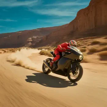 Forum avatar/pfp: motorcycle racer in red leathers on a sleek sportbike racing across desert sands, kicking up a dust trail beneath sunlit canyon cliffs.