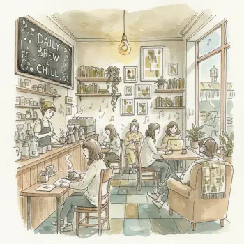 Coffeehouse lofi forum avatar/pfp: cozy café interior, patrons with laptops, barista at the counter, chalkboard Daily Brew & Chill, warm muted tones.
