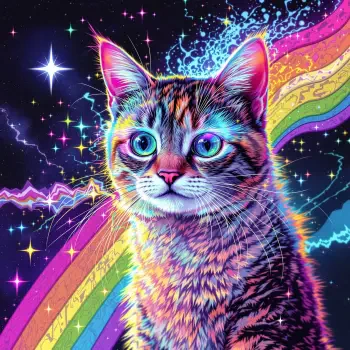 Nyan Cat forum avatar: neon tabby with glowing fur and big blue eyes, rainbow trail and starry cosmic background, playful retro internet vibe.