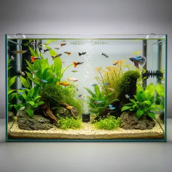 Planted fish tank with colorful guppies and neon tetras, rocks and lush greenery, displayed as a forum avatar/pfp.