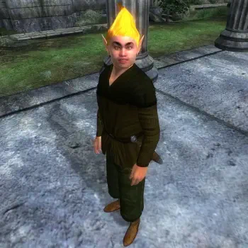 Video game forum avatar/pfp of the Adoring Fan from The Elder Scrolls IV: Oblivion — bright yellow hair, green tunic, looking up on a stone courtyard.