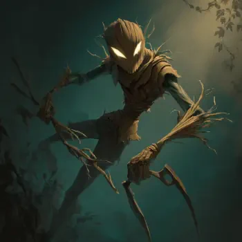Forum avatar/profile photo of Fiddlesticks from the video game League of Legends: a menacing scarecrow with glowing eyes and jagged wooden limbs amid a dark, misty forest.