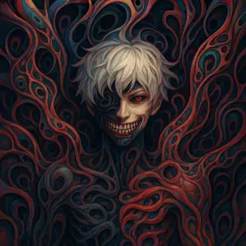Tokyo Ghoul forum avatar/pfp: white-haired ghoul with one glowing red eye, wide skeletal grin and dark mask, entwined in writhing red and black tendrils.