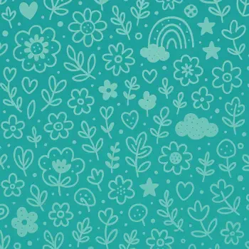 Turquoise doodle-pattern forum avatar (pfp) featuring hand-drawn flowers, hearts, stars, clouds and rainbows.