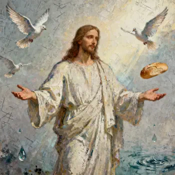Forum avatar/profile photo: painted depiction of Jesus in a white robe with outstretched arms, doves overhead, a floating loaf of bread, water droplets and radiant light.