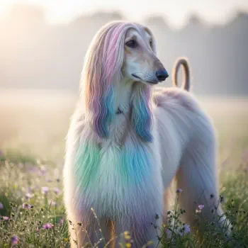 Forum avatar/pfp: Afghan hound with long, silky coat brushed in pastel rainbow hues, posed in a sunlit meadow.