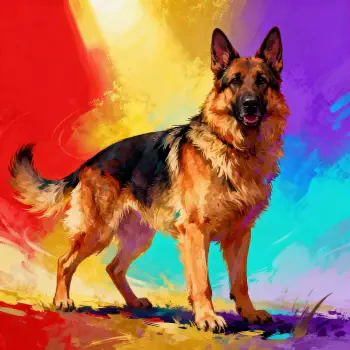Stylized forum avatar/pfp of a standing German shepherd against a vivid, painterly rainbow background.