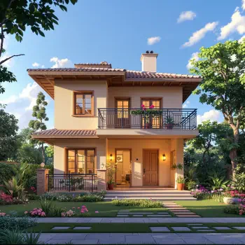 Forum avatar/pfp of a sunny two-story Mediterranean-style villa with a balcony, landscaped front yard, stone path, and warm entrance lighting.