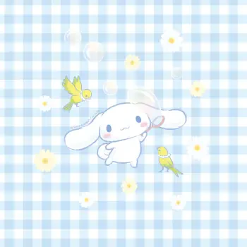 Sanrio Cinnamoroll kawaii forum avatar: white floppy-eared cartoon puppy on blue gingham, surrounded by yellow birds, tiny daisies and soft bubbles.